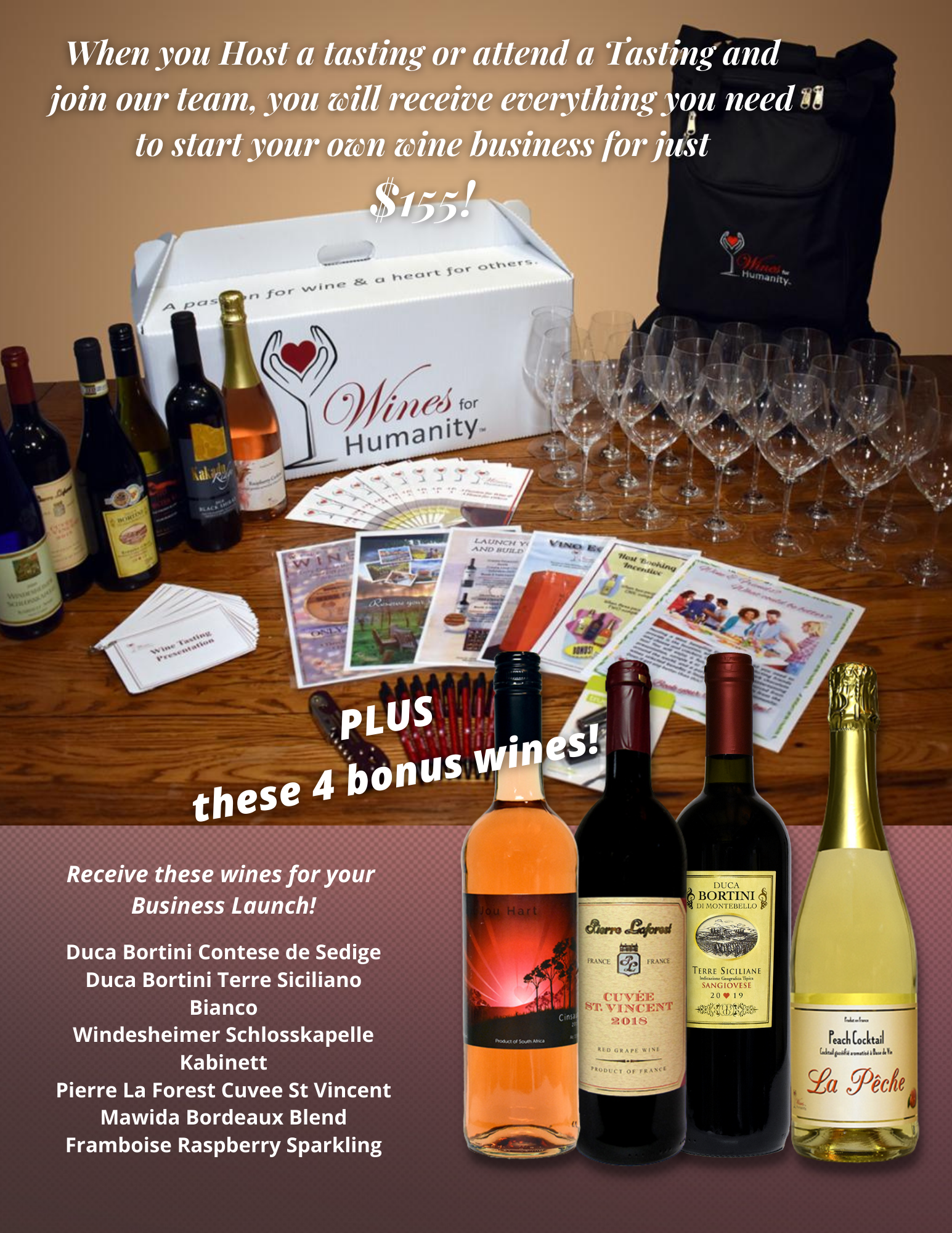 Hostclient recruiting flyer Trio of Wines for Humanity Wines